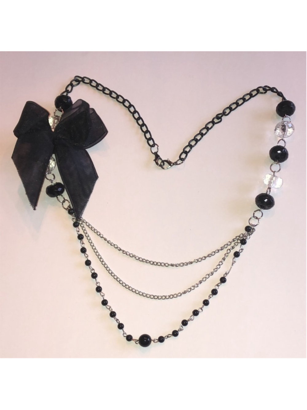 Black Bow Multi-Chain Necklace with Beads